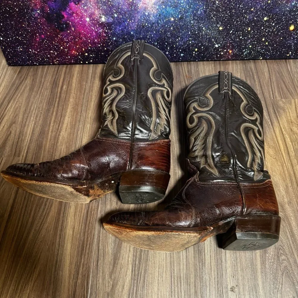 Tony Lama Brown Western Boots Teju Lizard Leather Men's 9.5 D‎ Made in USA 8536